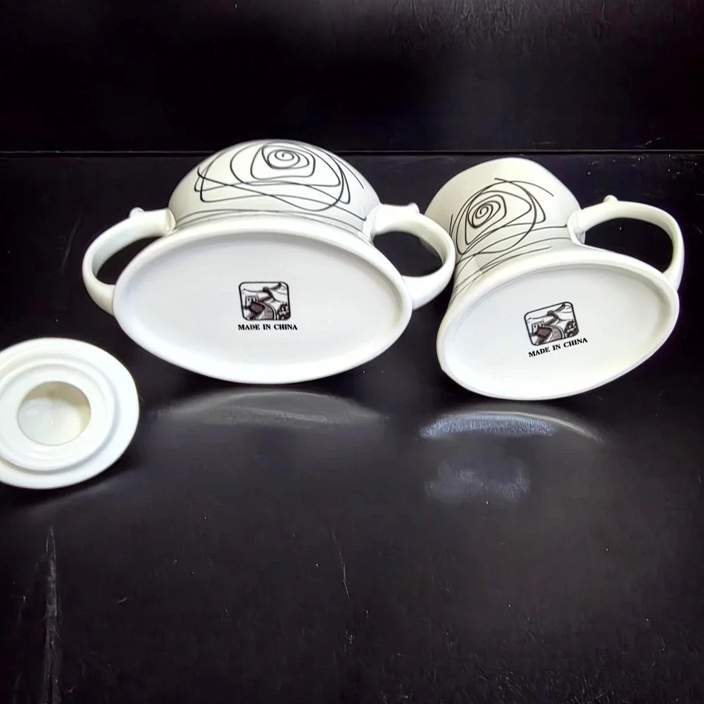 Modern Ceramic Sugar Bowl & Creamer Set White Black Rose Swirl Spiral Art Deco
